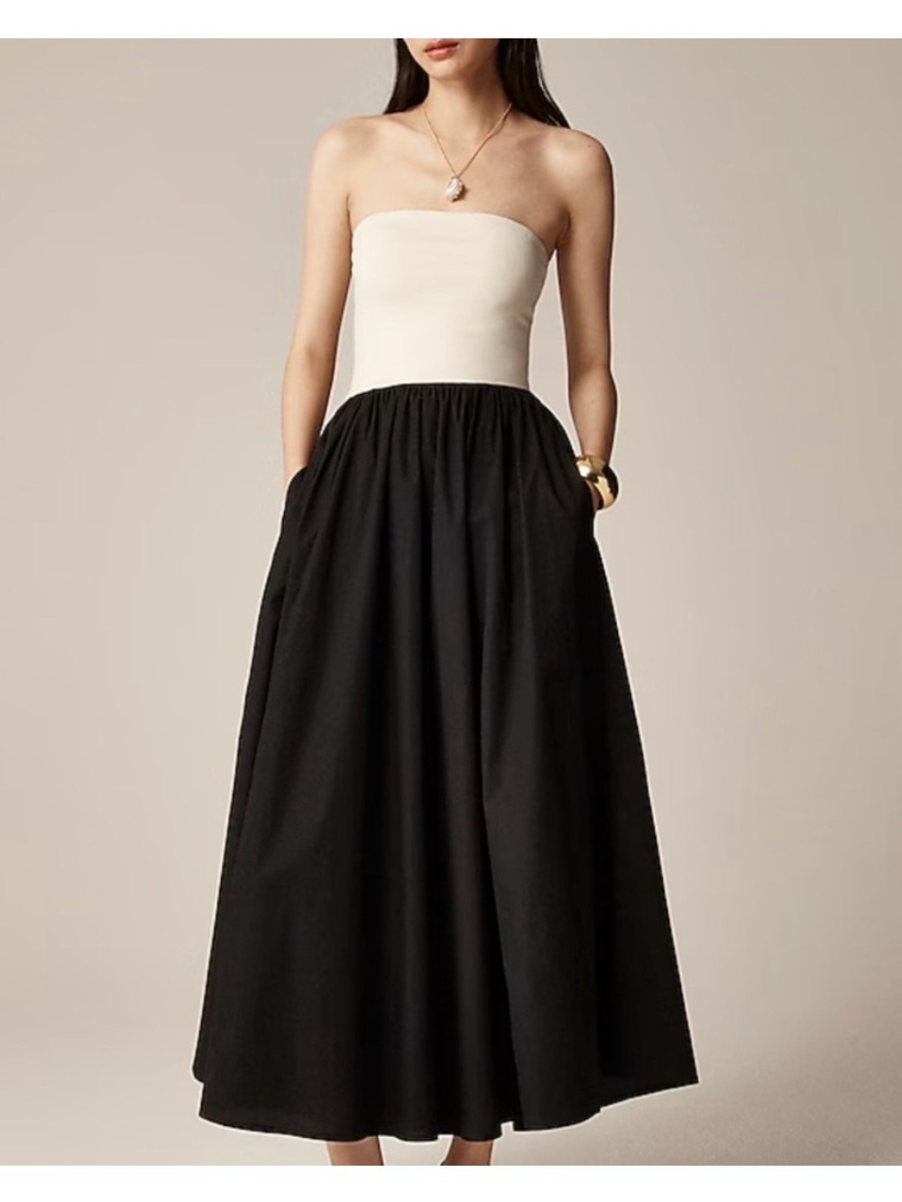 J. Crew Colorblock Strapless Black Cream Maxi Dress Pockets Women’s L